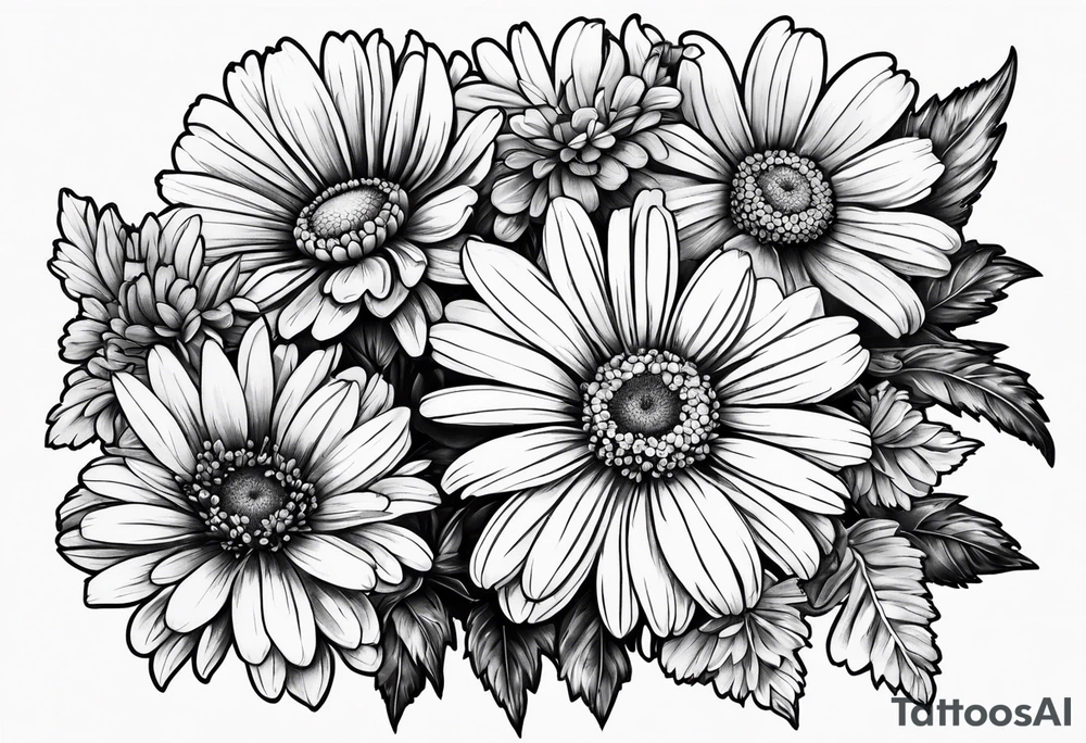 full bouquet of daisy, aster, and carnations tattoo idea