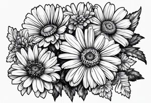 full bouquet of daisy, aster, and carnations tattoo idea