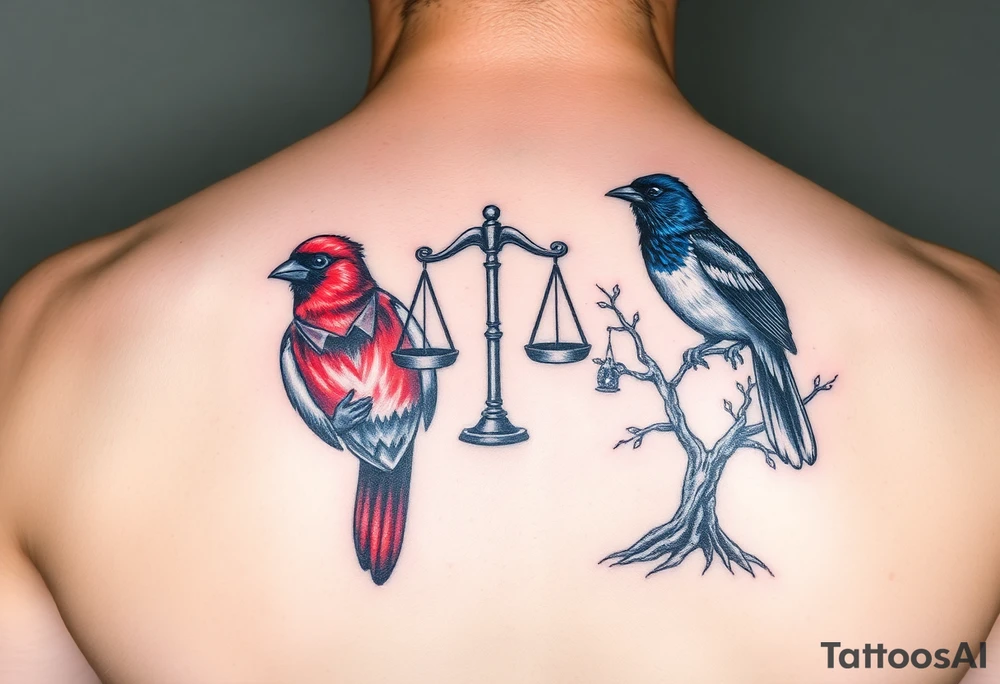 2 birds as the focus, 1 red bird in a suit, 1 navy blue bird with glasses, scales of justice in a tree, starry night painting and mountain background tattoo idea