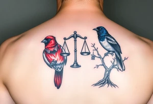 2 birds as the focus, 1 red bird in a suit, 1 navy blue bird with glasses, scales of justice in a tree, starry night painting and mountain background tattoo idea