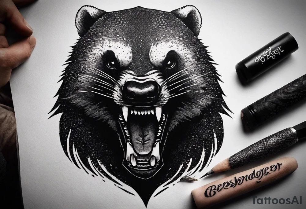 Draw me psychopath Fearless Honey Badger/Berserker with aggressive full body, killer face with a scary smile, very long nails and he attacks like a Bloody Assassin/Warrior/Gladiator to us and also, he has very deadly looking. He fights with his nails only. Everybody scares after their first sight. Give me horror type Badger Tattoo. I want to see his Realistic full body with no weapons. You can show destruction at the back. tattoo idea