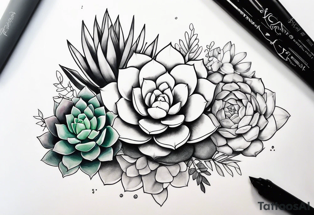 fine line. one big succulent in the middle. Two smaller succulents on the side. Dots and floral
. Sternum tattoo grey scale shading tattoo idea
