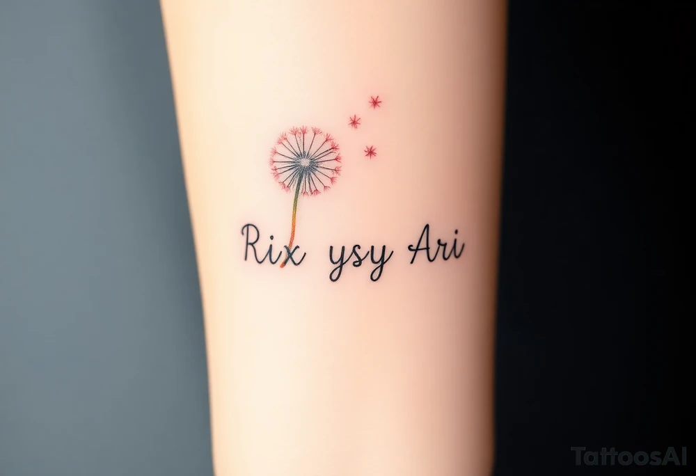Rix Rys Ari realistic watercolor This image features a delicate dandelion tattoo on a person’s skin, with fine lines and soft shading. The dandelion’s stem extends from the bottom left corner, leading to the detailed flower head, which appears to be dispersing its seeds. The seeds are shown floating away in a natural, wind-swept motion, symbolizing freedom, change, and new beginnings.

The tattoo has a subtle watercolor effect with a gentle pinkish hue around the base of the dandelion, adding depth and softness to the design. The fine-line work gives it a refined and elegant look. The placement on the body makes it a visually appealing and meaningful piece. tattoo idea