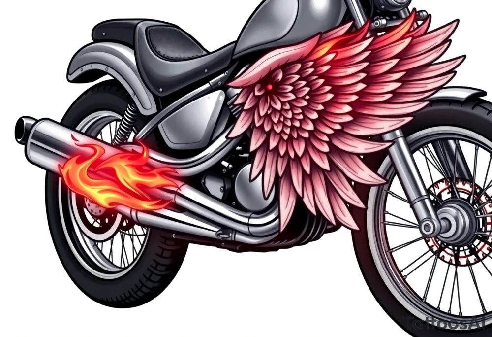Low rider grey motorcycle, big muffler pipes with flames, angel wings tattoo idea