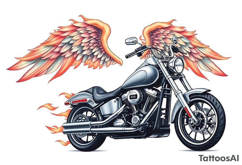 Harley grey motorcycle driving away, flames, angel wings tattoo idea