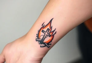 Campfire with a cross hidden in the flames tattoo idea