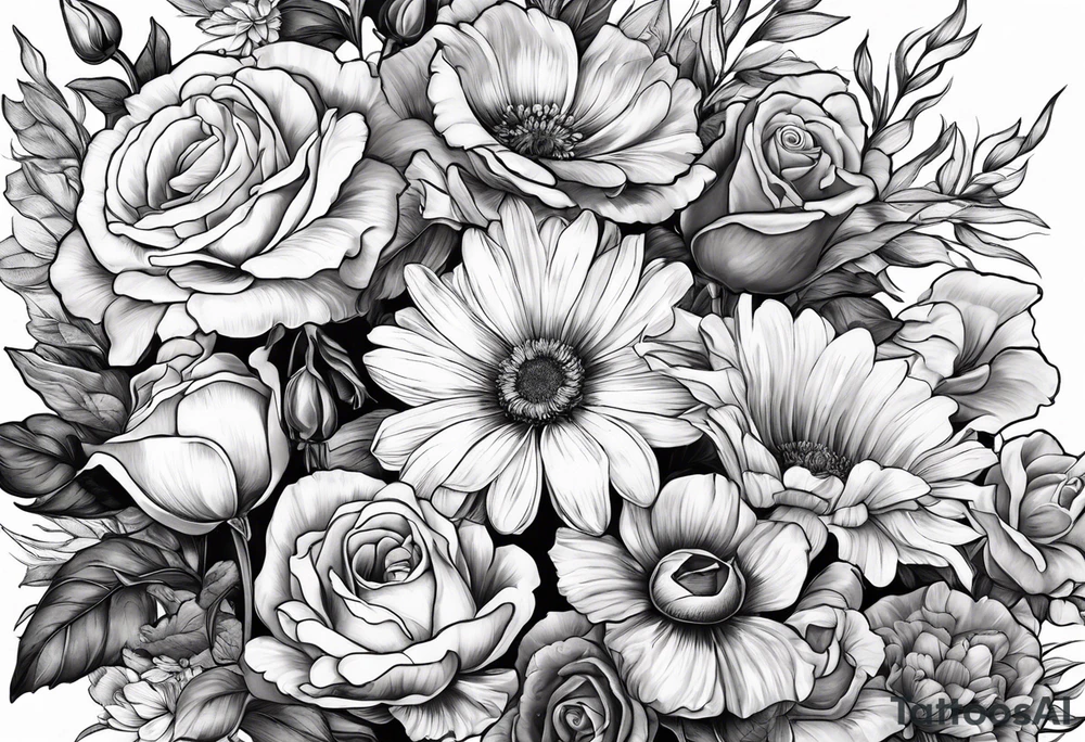 A sleeve of a single daisy and a rose with poppies and gladiolus flowers weaving through the daisy and rose tattoo idea
