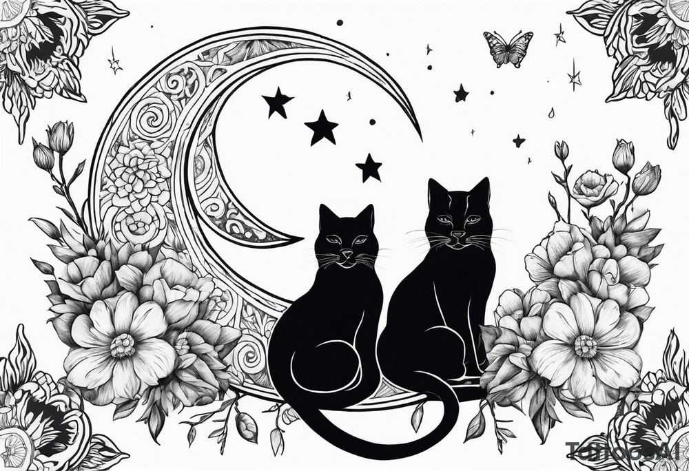 2 cats in laid crescent moon with flowers and paw prints tattoo idea