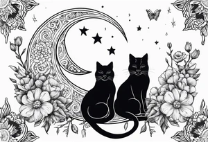 2 cats in laid crescent moon with flowers and paw prints tattoo idea