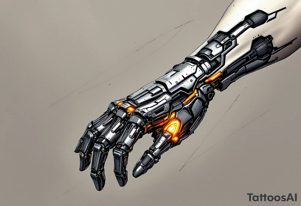 A half-human, half-robot hand in skin-tone fading into steel grey with glowing orange veins. tattoo idea