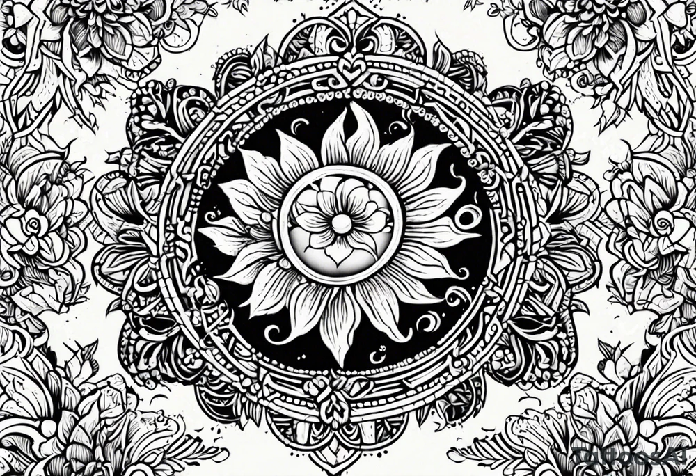 sun moon floral no shading or shadowing tattoo idea