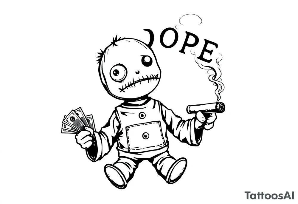 Stitched up rag doll with a button as one eye and some thread as the other. Holding some money in one hand and a cigar in the other hand. Smoke pouring off the cigar with the cloud of smoke above spelling out the word DOPE tattoo idea
