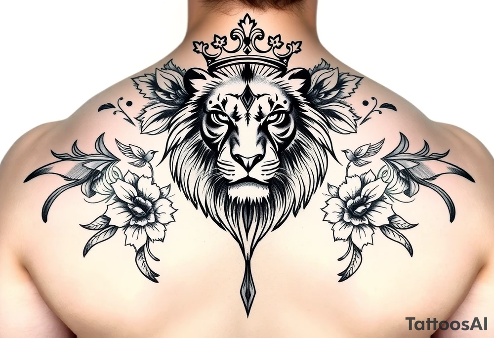 powerful majestic lion with a crown, surrounded by floral ornaments and birds tattoo idea