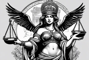 A blindfolded woman holding scales, themed around justice and equality, with money on one side of the scale and a bird on the other. tattoo idea