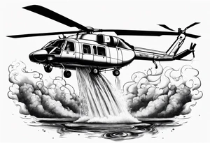 a helicopter dropping water on a fire with a bucket tattoo idea