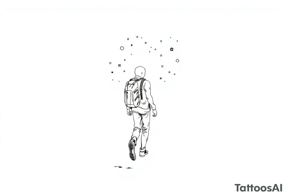 Everything everywhere all at once :Confusion and pressure in thin lines solo traveler with no face with his body parts left on the path behind him he’s walking carefully with much regret tattoo idea