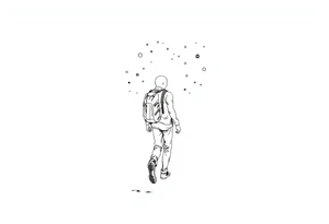 Everything everywhere all at once :Confusion and pressure in thin lines solo traveler with no face with his body parts left on the path behind him he’s walking carefully with much regret tattoo idea