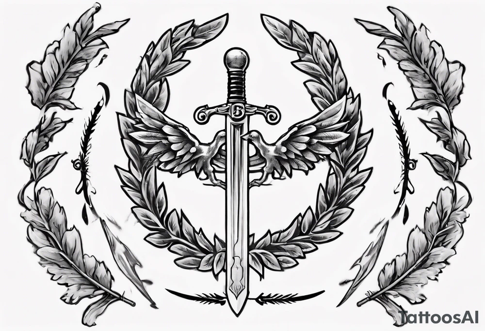 number 13, a laurel leaf wreath, and a sword going through the center of the wreath. Male angel 13 tattoo idea