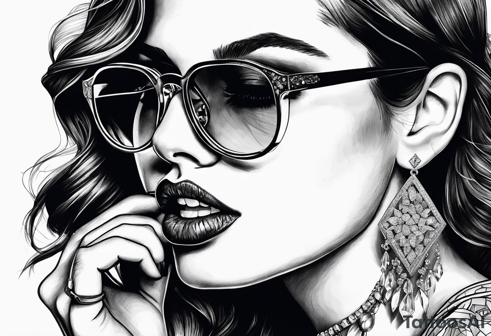 Woman with glasses biting diamonds add more diamonds tattoo idea