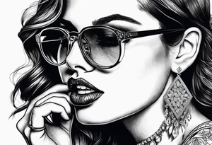 Woman with glasses biting diamonds add more diamonds tattoo idea