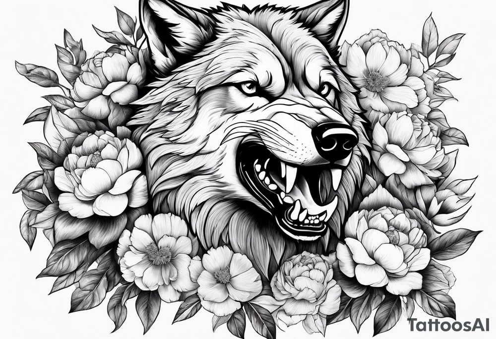 Fighting wolf with whole body of wolf with peonies tattoo idea