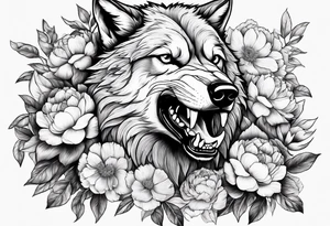 Fighting wolf with whole body of wolf with peonies tattoo idea
