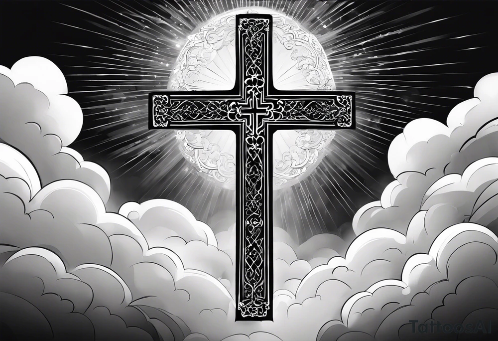 Arabic bible verse with a cross in the background and clouds surrounding the cross. make it realistic and the cross is very simple. The words will be written over the cross. tattoo idea