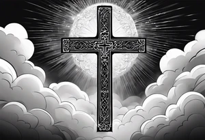 Arabic bible verse with a cross in the background and clouds surrounding the cross. make it realistic and the cross is very simple. The words will be written over the cross. tattoo idea