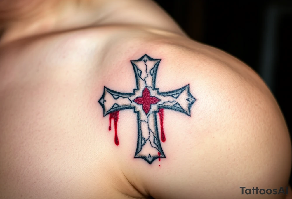 A cracked stone Templar cross with blood splatters, evoking the battle-worn history of the Knights Templar tattoo idea