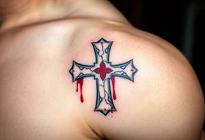 A cracked stone Templar cross with blood splatters, evoking the battle-worn history of the Knights Templar tattoo idea