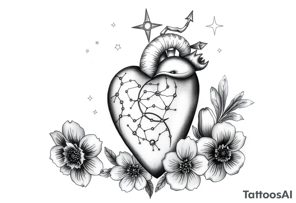 A medium tattoo on my heart including the constellation of Scorpio & Virgo as well as the flowers associated with October & Sperember tattoo idea