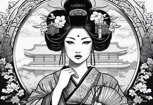 Geisha,samurai,buddah,pagoda,torri gate tattoo idea