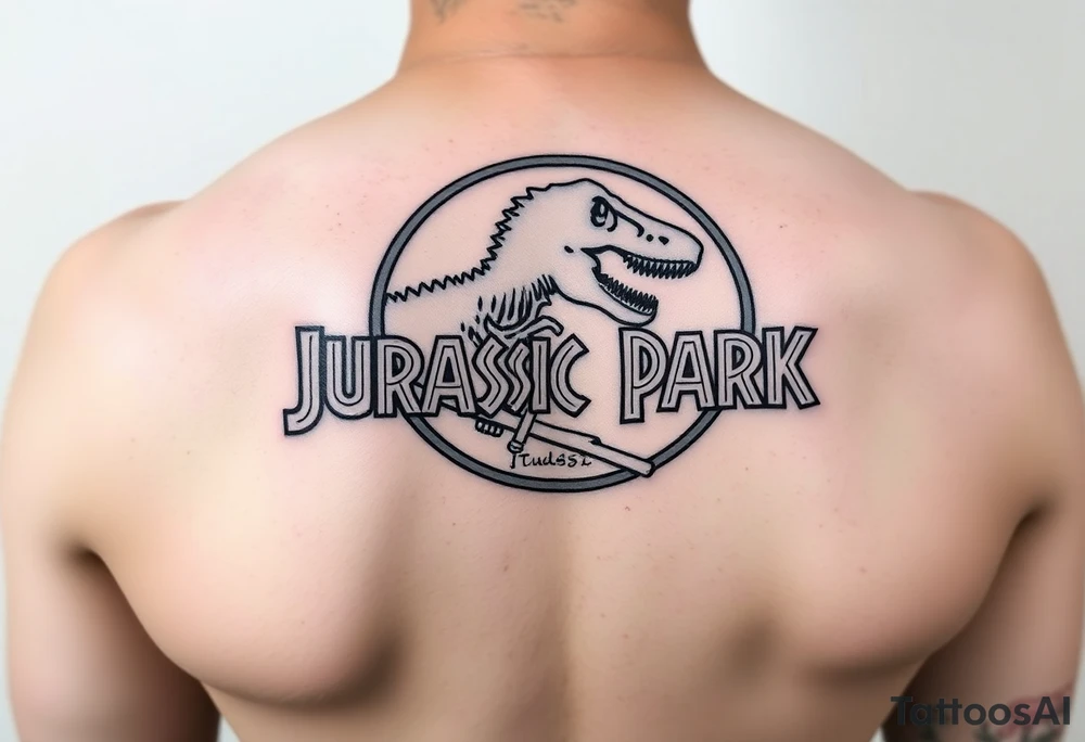 Jurassic Park logo with the dinosaur holding a stick tattoo idea