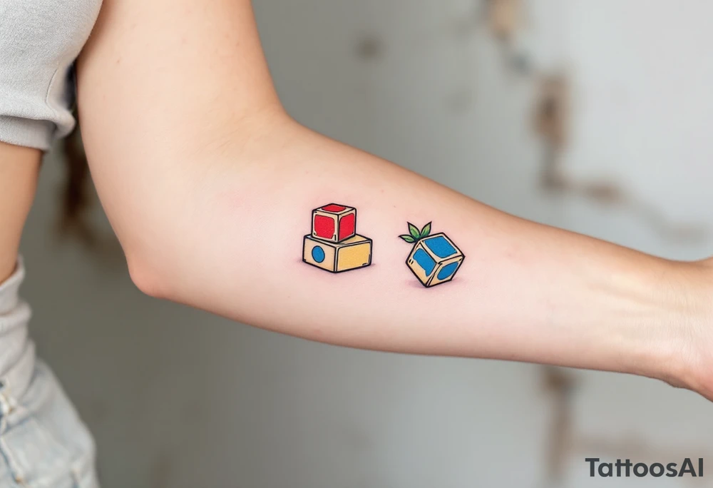 Jakoubek styled as wooden toy blocks, colored in primary red, yellow, and blue. tattoo idea