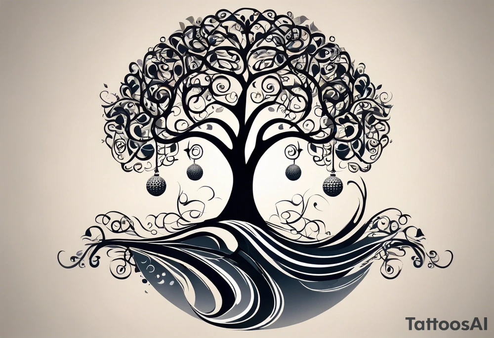 A tattoo design that incorporates the following elements: an abstract tree of life that has roots emerging  from the ground. Waves of water encapsulate the tree and wind around it in an organic way.  Incorporate music.   the letters U and A are overlapping and engraved into the tree. a golf ball incorporated but not prominent. tattoo idea