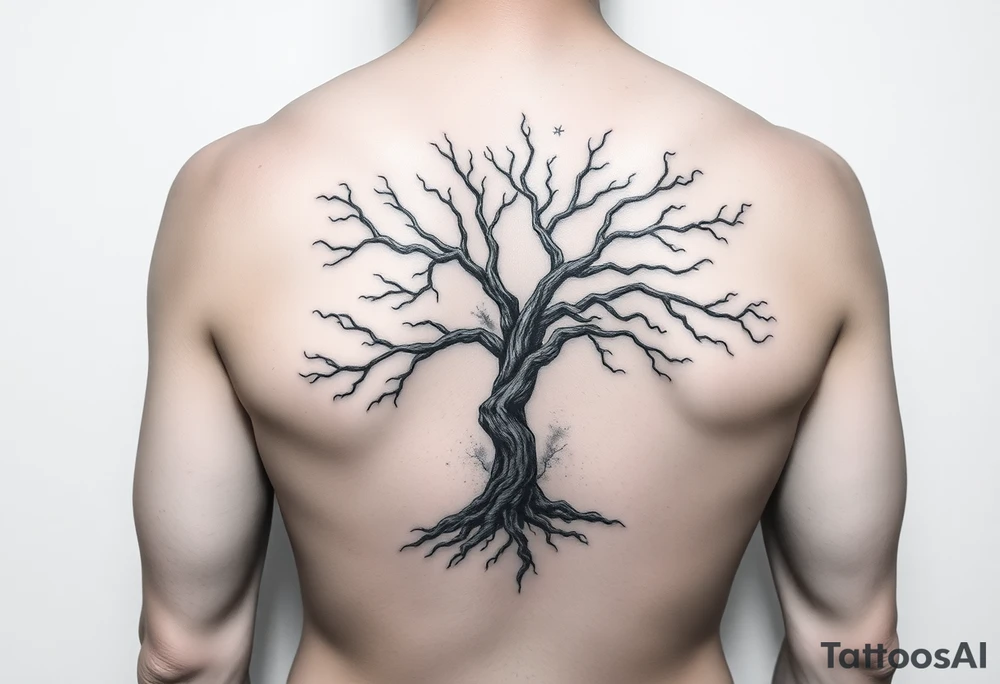 Flowing asymmetrical symbolic tree quarter sleeve on shoulder. Bold and simple branches that do not look realistic. Tree of gondor tattoo idea