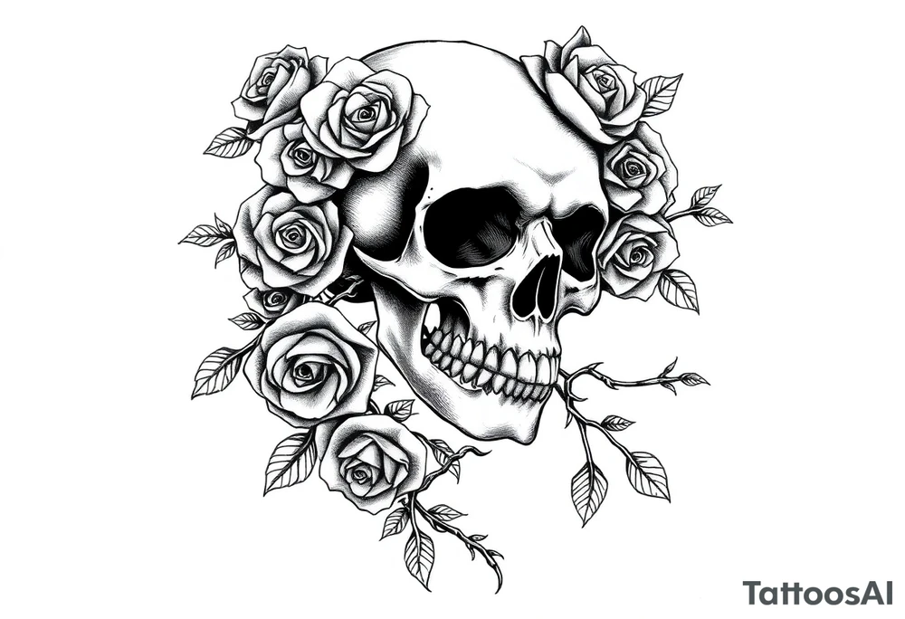 gothic skull intertwined with climbing roses and thorny vines tattoo idea