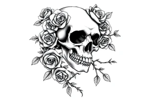 gothic skull intertwined with climbing roses and thorny vines tattoo idea