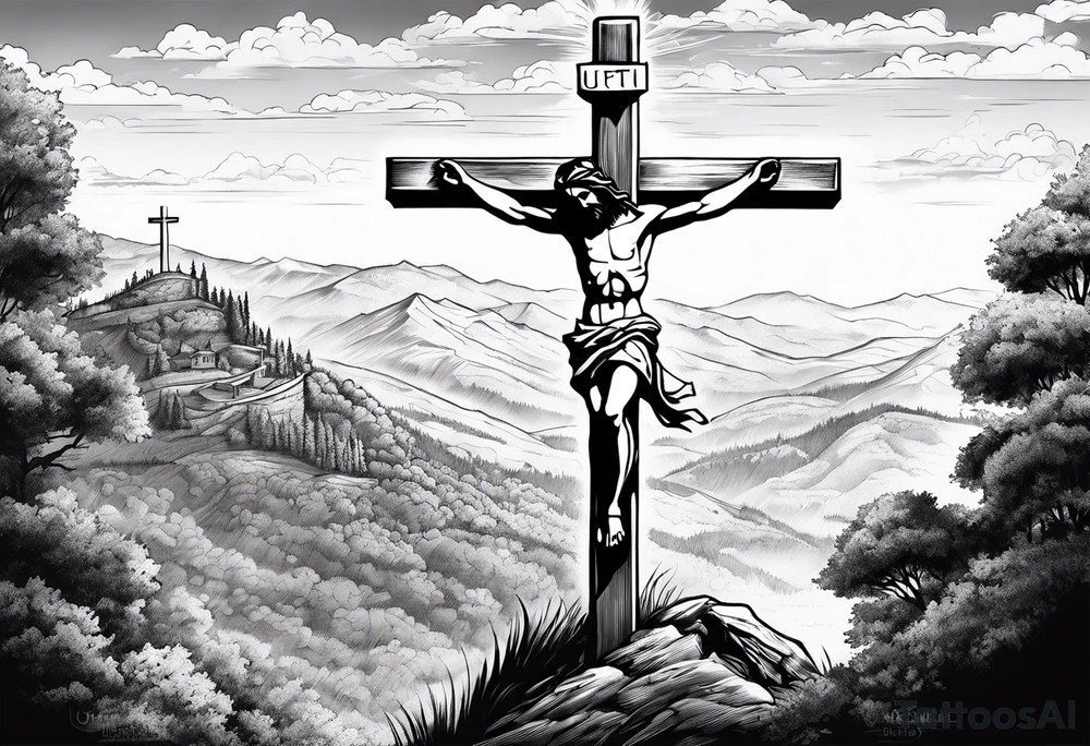 jesus crucified on a hill facing east tattoo idea