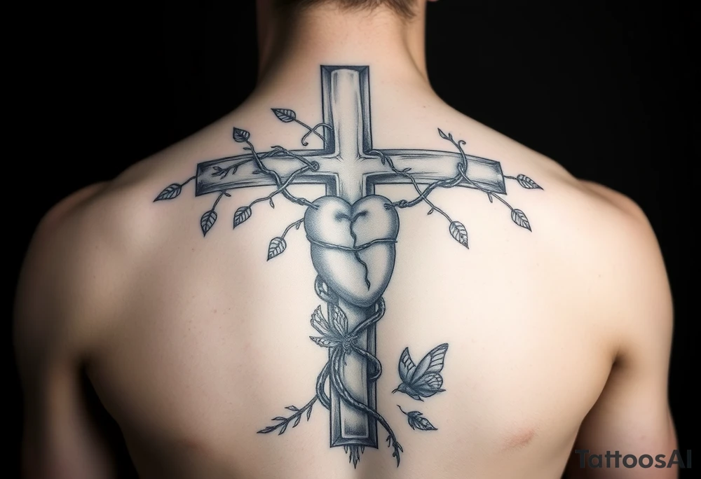 powerful majestic cross on the front of the body  just above the nipples and center to the chest with vines closely wrapped around the cross representing life and a heart within the cross being held like a chain from the cross and other symbols of life like insects and birds butterflies tattoo idea