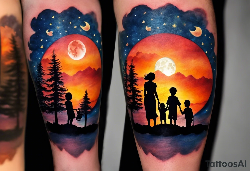Tattoo of a family of four on a male forearm 
- dad, mom and two boys around a campfire.  Background is a sunset at the bottom, night at the top with a big beautiful moon. I would like the tattoo to be encased in a circle with the words "All that I need is the air that I breathe, and all that I need are things I don't need, and all that really matters is what matters to me". tattoo idea