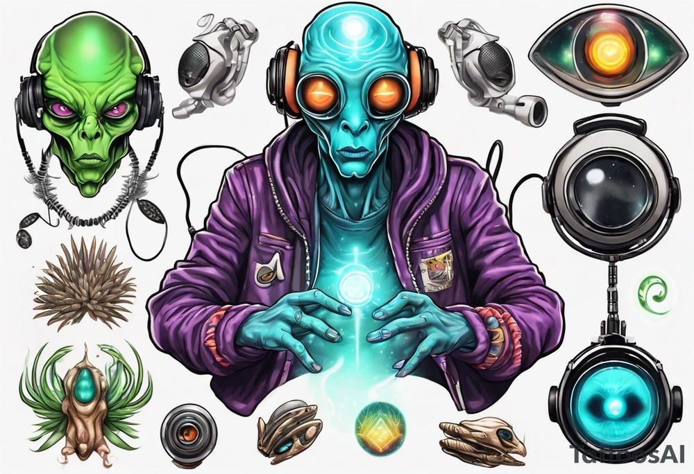 A realistic portrait of an extraterrestrial DJ with a glowing pineal gland tattoo idea