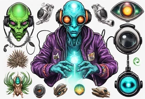 A realistic portrait of an extraterrestrial DJ with a glowing pineal gland tattoo idea