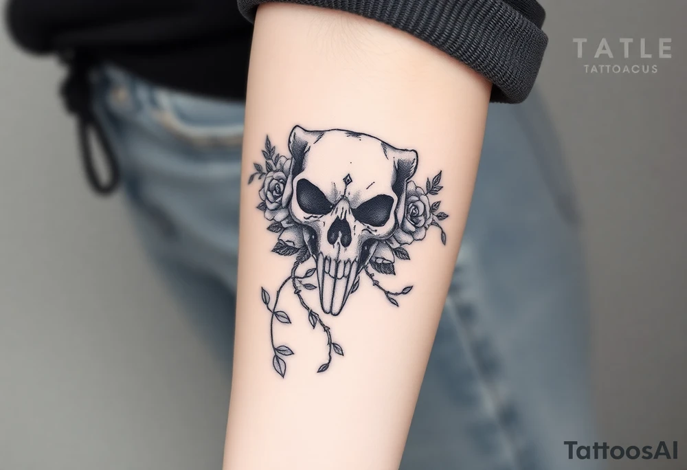 gothic bear skull intertwined with climbing roses and thorny vines tattoo idea