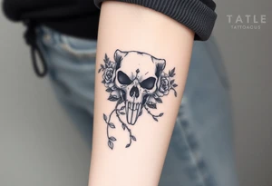 gothic bear skull intertwined with climbing roses and thorny vines tattoo idea