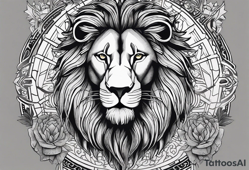 A full tattoo sleeve designed with a strong, masculine aesthetic, featuring a powerful lion as the centerpiece. The lion, symbolizing strength, courage, and leadership, is depicted with intricate detail and dynamic shading, capturing its fierce expression and majestic mane. Surrounding the lion, incorporate geometric patterns that add structure and contrast to the design. These patterns are bold and angular, creating a sense of order and symmetry that complements the natural form of the lion. The geometric elements are woven around the lion, emphasizing its central position while providing a modern, edgy backdrop. The shading throughout the sleeve is deep and dramatic, enhancing the contrast between the organic features of the lion and the precise lines of the geometric patterns. The overall design is bold, intense, and visually striking, combining the raw power of the lion with the clean, ordered aesthetic of geometric patterns for a cohesive and masculine tattoo sleeve. tattoo idea