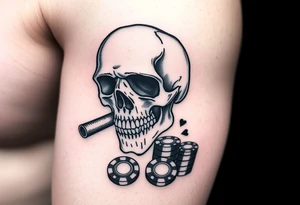 skull with smoking cigar in mouth,playing cards,pokerchips,a lot of money. tattoo idea