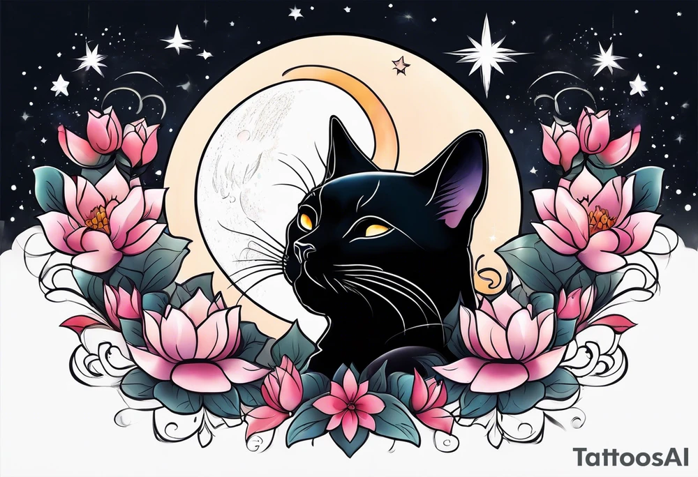 Photo realistic black cat head with moon and stars and lotus flower tattoo idea