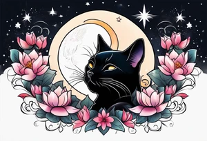 Photo realistic black cat head with moon and stars and lotus flower tattoo idea