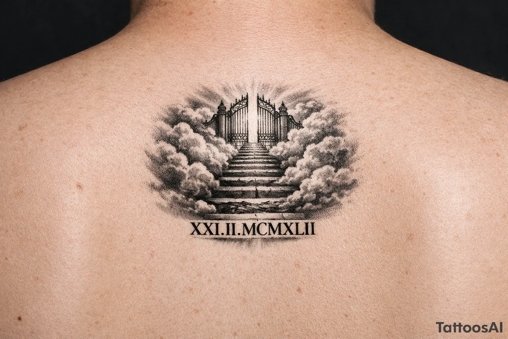 Stairway to heaven, with clouds surrounding the stairs, and the gate being at the top. A date, below the stairs, in Roman numerals 21.02.1942. tattoo idea